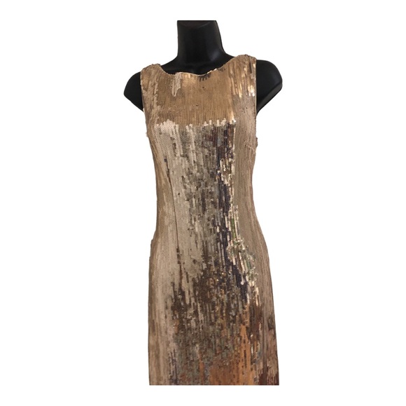 Nanette lepore gold Sequin Fringe flapper style low cut back Midi-Dress size 10 - Picture 8 of 15